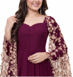 Women Fire Wine Anarkali Gown with Dupatta | Party Wear Long Flared Kurti Dress (Copy) - Image 2
