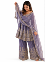 Women’s Lavender Grey Embroidered Kurta Palazzo Dupatta Set | Festive Ethnic Wear - Image 2