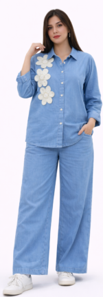 Women Denim Co-Ord Set with Floral Applique Shirt & Wide Leg Pants | Casual Stylish Outfit - Image 2