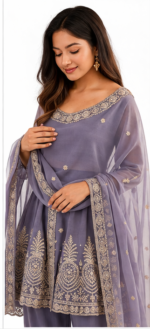 Women’s Lavender Grey Embroidered Kurta Palazzo Dupatta Set | Festive Ethnic Wear - Image 4