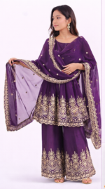 Women’s Purple Embroidered Kurta Palazzo Set with Dupatta | Ethnic Party Wear Suit Set - Image 2