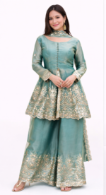 Women’s Designer Peplum Kurta Sharara Set with Dupatta | Embroidered Ethnic Party Wear (Sea Green) - Image 2