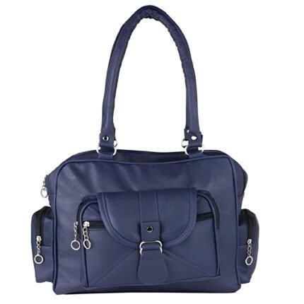 Women’s blue tote handbag with multiple pockets and zipper compartments