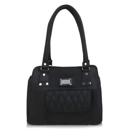 Women’s black handbag with quilted front pocket and shoulder handles