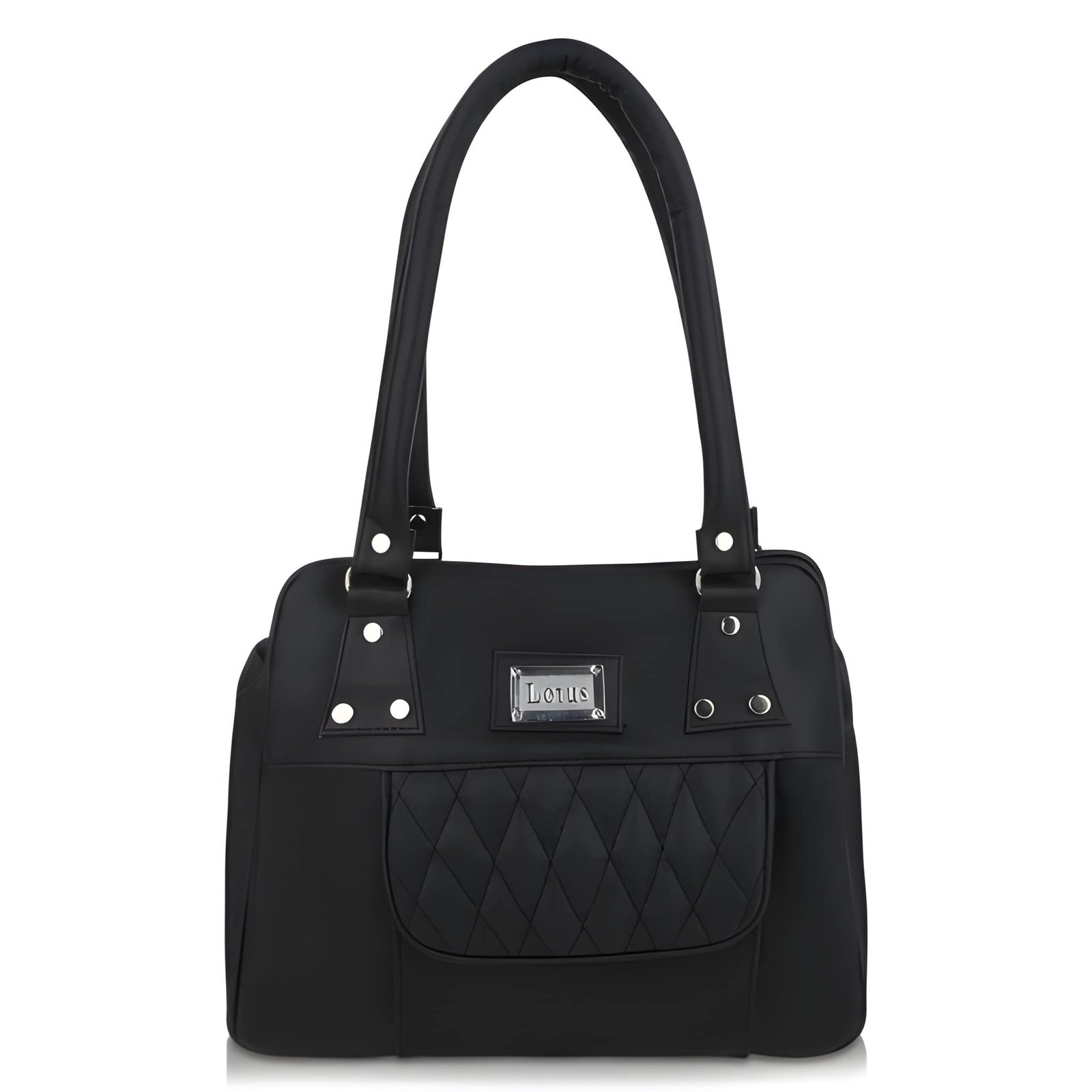 Women’s Black Quilted Handbag Women’s black handbag with quilted front pocket and shoulder handles