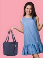 Women’s Navy Blue Tote Handbag with Long Shoulder Straps & Stylish Tassel - Image 5