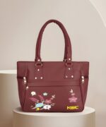 Women’s Maroon Tote Handbag with Floral Embroidery - Image 4