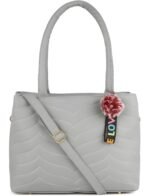 Women’s Light Grey Tote Handbag with Wave Pattern, Shoulder Strap & Pom-Pom Charm - Image 3