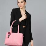 Women’s Pink Tote Handbag with Floral Pattern, Shoulder Strap & Pom-Pom Charm