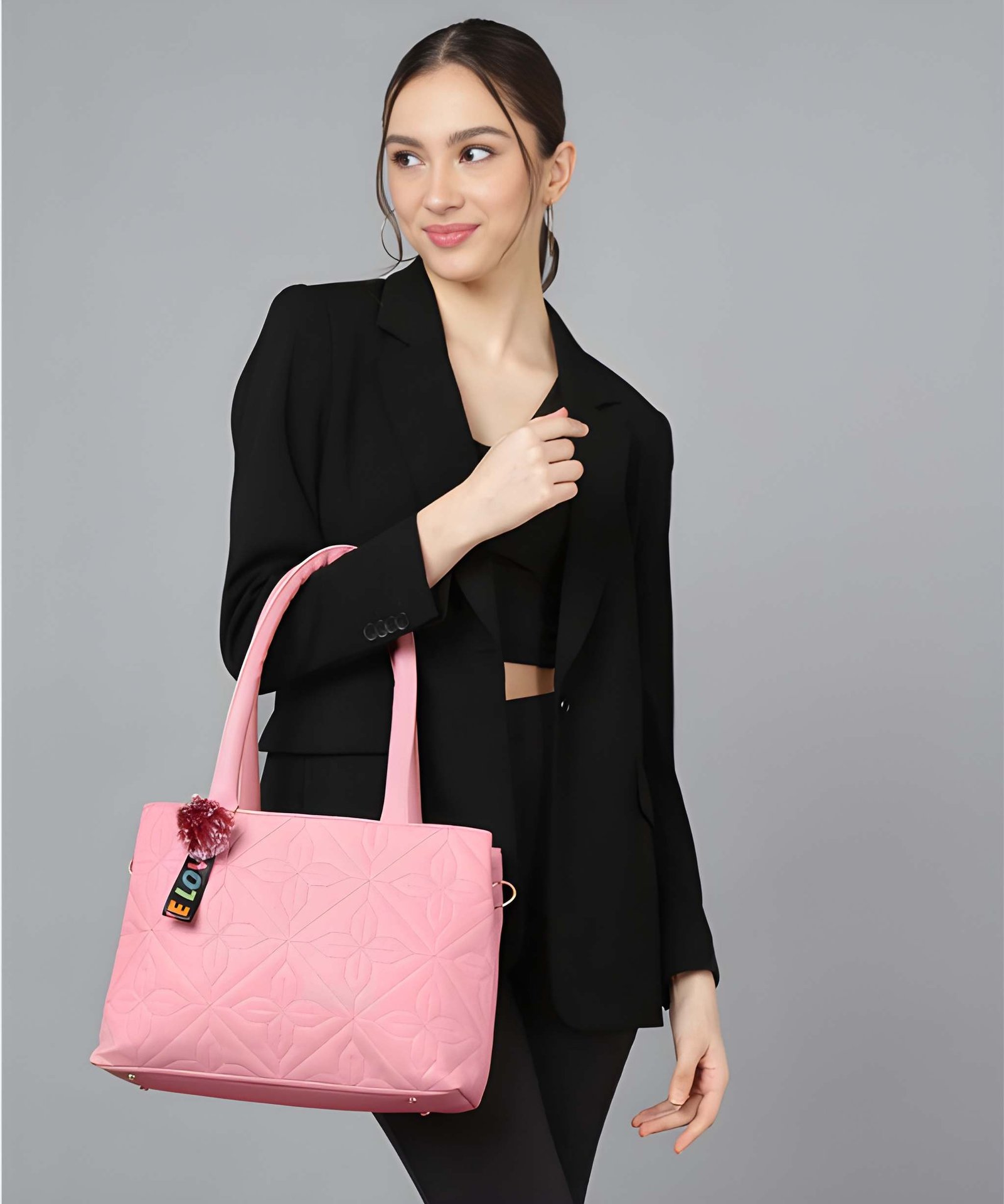 Women’s Pink Floral Tote Handbag Women’s Pink Tote Handbag with Floral Pattern, Shoulder Strap & Pom-Pom Charm - Image 1