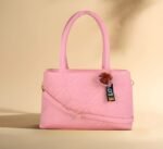 Women’s Pink Tote Handbag with Floral Pattern, Shoulder Strap & Pom-Pom Charm - Image 4