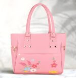 Women’s Pink Tote Handbag with Floral Embroidery, Multiple Pockets & Comfortable Handles - Image 5