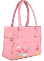 Women’s Pink Tote Handbag with Floral Embroidery, Multiple Pockets & Comfortable Handles - Image 3