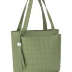 Women’s green tote handbag with multiple compartments and grid design