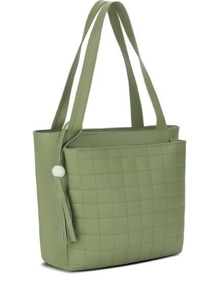 Women’s green tote handbag with multiple compartments and grid design