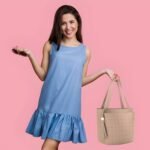 Women’s Beige Grid Pattern Tote Handbag with Tassel Charm