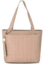 Women’s Beige Grid Pattern Tote Handbag with Tassel Charm - Image 5