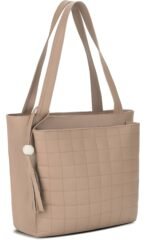 Women’s Beige Grid Pattern Tote Handbag with Tassel Charm - Image 4