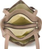Women’s Beige Grid Pattern Tote Handbag with Tassel Charm - Image 2